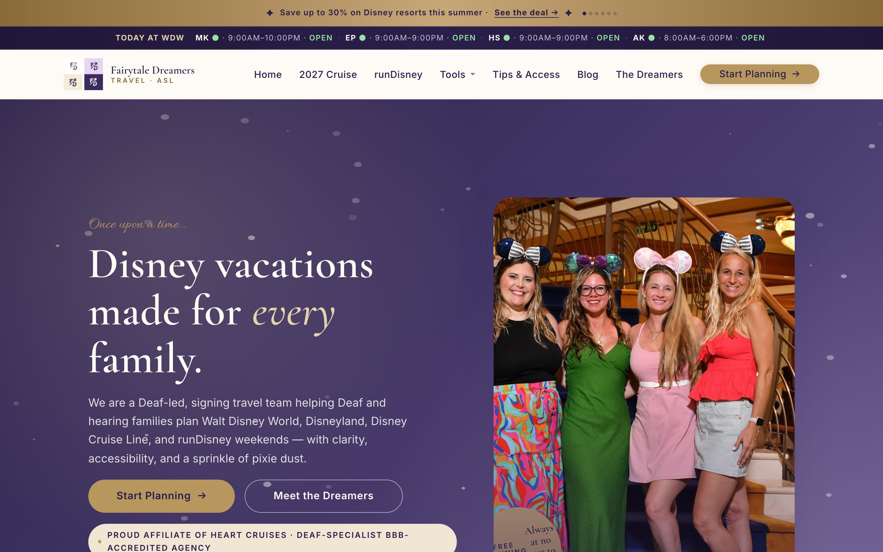 The Fairytale Dreamers Travel home page — live as of 2026.