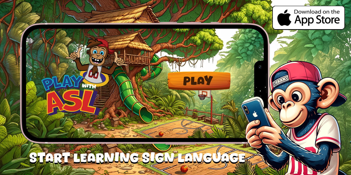 Play With ASL hero illustration — a friendly cartoon monkey holds a phone showing the Play With ASL game UI, with a child signing in a treehouse on screen.