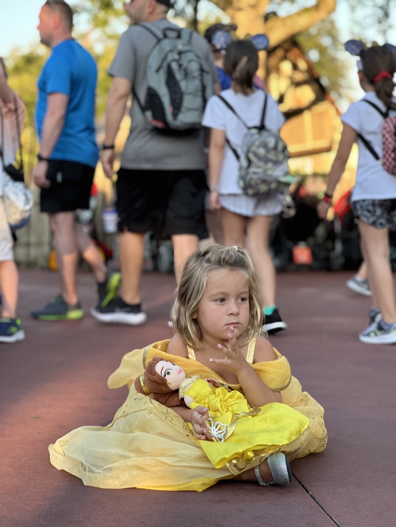 A family of four in coordinated princess and prince outfits, the dad wearing a long red cape.
